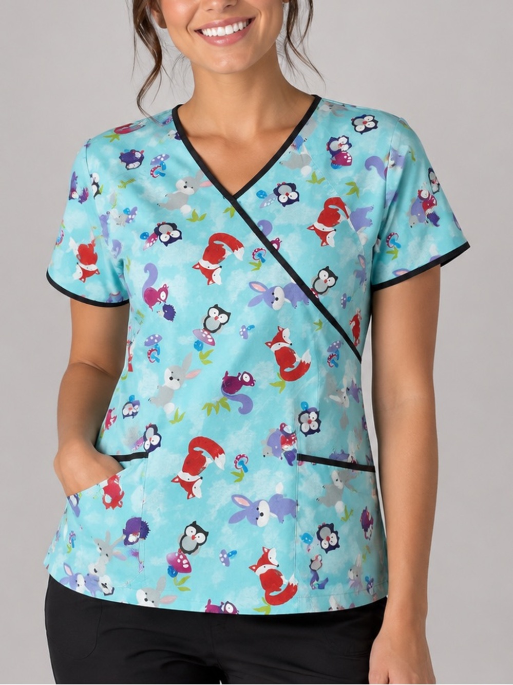 Women’s Large Fox Owl Print Happy Scrubs Scrub Top